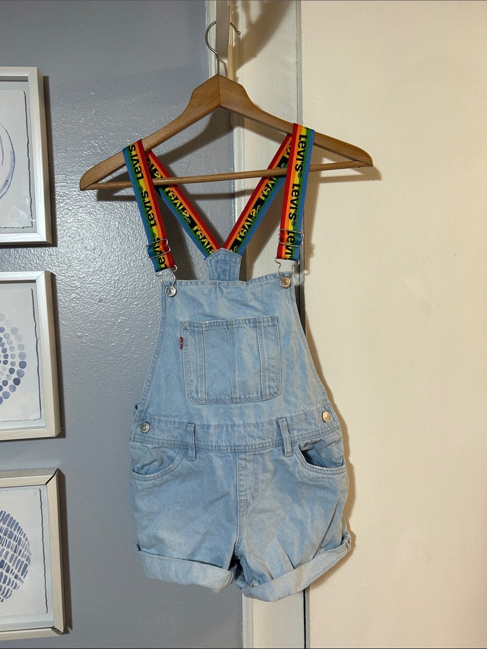 Levi's Shortalls Rainbow Strap Light Blue Denim Bib Overall Shorts Girls 12 REG